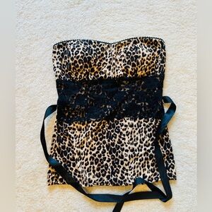 Leopard Print Strapless Bustier Top with Black Lace